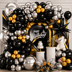 SET DE GLOBOS ARCO XL FELIZ CUMPLEA�OS PLATA NEGRO Y ORO (GY 7852) 100 UNIDADES